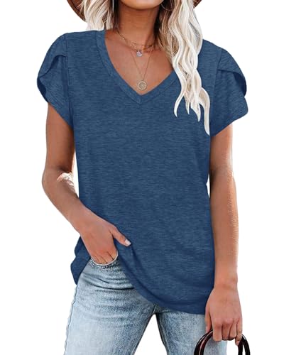 PLOKNRD Chemise pour Femmes V-Neck pétale Sleeve Tee Shirt été Tunique décontractée (Bleu foncé, S)