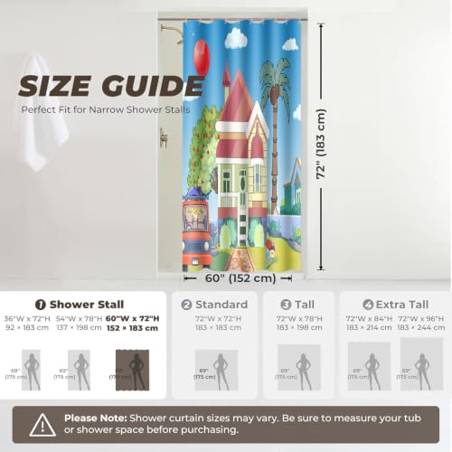 Image of Blue Them Balloon Cartoon House 60x72 Decorative Shower Curtain With Hooks | Bluey Backdrop With Cartoon House Red Balloon Print, Polyester Shower Curtain, With Hooks For Bathroom Decoration