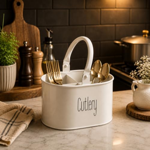 Image of MARKET 99 Heavy-Duty Off-White Iron Cutlery Holder | Oval Glossy Utensil Organizer Stand for Kitchen | Knife, Fork & Spoon Holder | Tabletop Cutlery Storage Box for Dining Table & Countertop Use