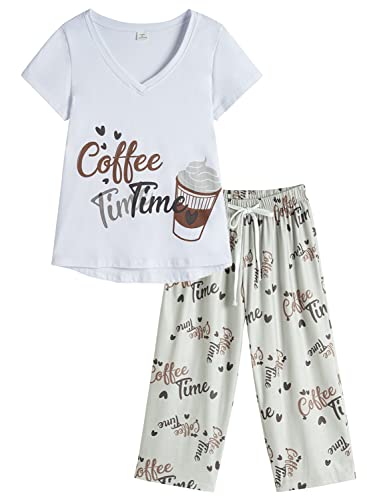 Image of YIJIU Women Soft Comfy Pajamas Cute Cat Short Sleeve Capri Pants PJS Set