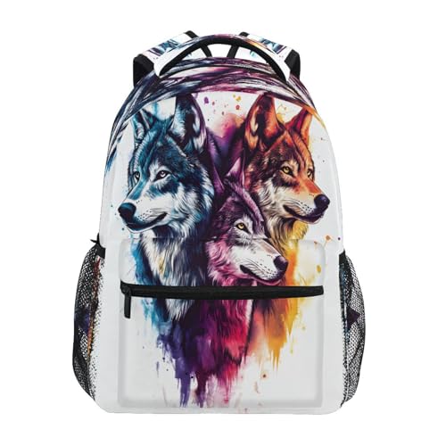 Wolf Watercolor Stylish Backpack for School Boys Girls Adults Kids Bookbag Laptop Bag 15L