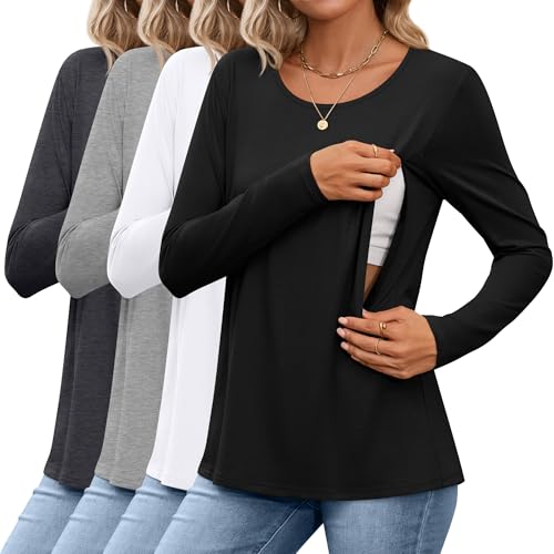 Image of Oakgarden 4 Pack Women's Cotton Nursing Tops Breastfeeding Maternity Hidden Zippers Crew Neck Long Sleeve Pregnancy Shirts