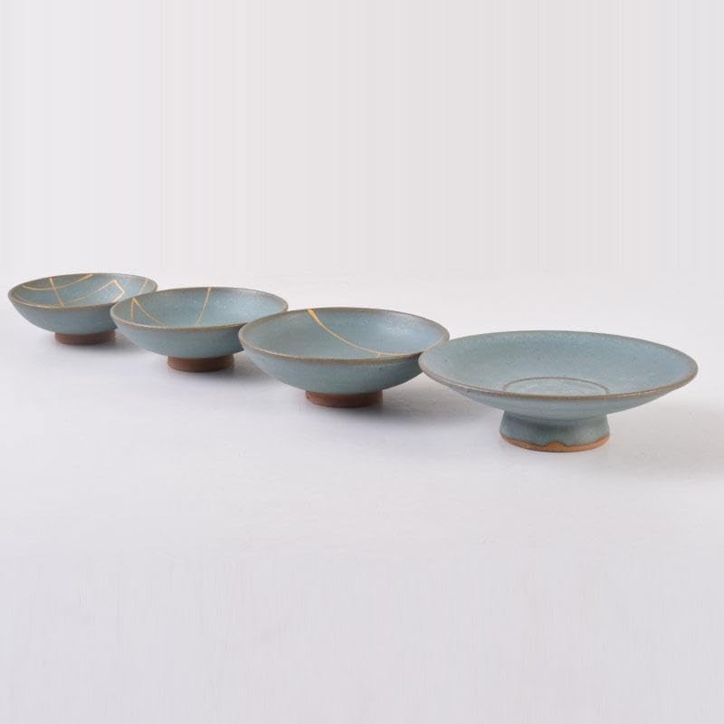 京焼 清水焼 晋六窯 辻勘之作 深緑釉 重盃 四客 共箱 C 8486