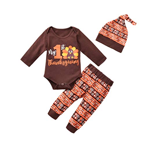 Newborn Baby Girl Boy Thanksgiving Clothes Long Sleeve Romper Floral Pant Hat Outfits My First Thanksgiving Set (Brown, 3-6 Months)
