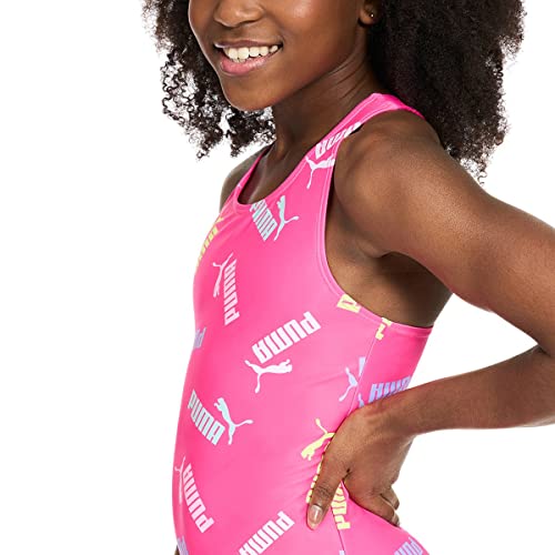 Image of PUMA Girls Sizes 7-16 All Over Print Logo Crossback One Piece Swim Bathing Suit (Ravish Pink, Medium)