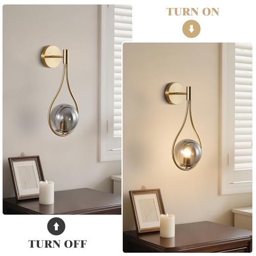 Image of KCO Lighting Teardrop Wall Lights Brushed Gold Wall Sconces Bedroom Brass Glass Globe Wall Sconces Set of Two Vintage Bathroom Vanity Light Fixtures
