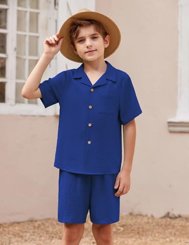 Image of Arshiner Boys 2 Pieces Summer Beach Outfits Short Sleeve Button Down Shirts and Shorts Vacation Texture Sets for Kids