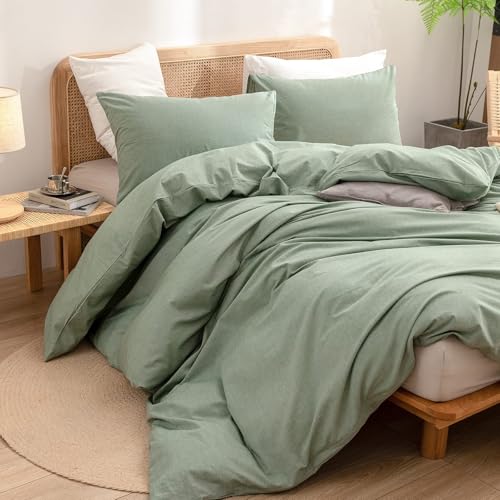 Image of BESTOUCH Cotton Solid Duvet Cover Set Linen Feel Green Super King Plus | 100% Washed Cotton, Soft Wrinkle Texture, Hidden Zipper, 8 Ties, Breathable Lightweight Durable Comfy, 3 Pcs No Insert
