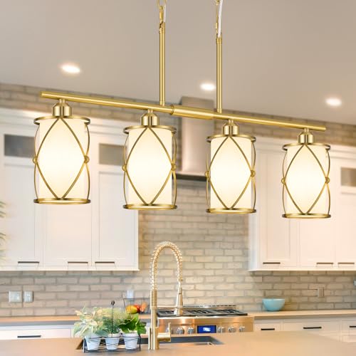 Osimir 4-Light Kitchen Island Lighting, Brushed Gold Linear Dining Room Light Fixtures with Milk Glass, Modern Industrial Chandelier Pendant Light for Kitchen Island Dining Room, CH9176BGW-4IS