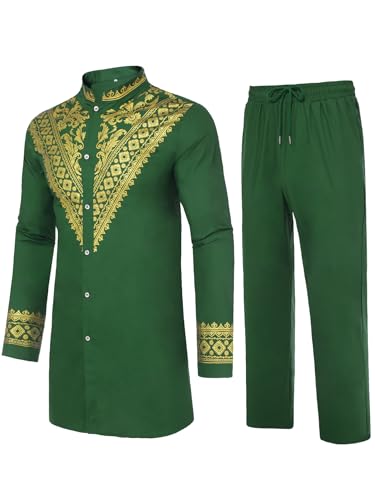 Daupanzees Men's African 2 Piece Set Luxury Traditional Suit Stamp Print Dashiki Button Down Shirt and Pants Outfit2
