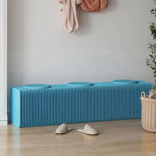 Image of Kraft Paper Rectangle Ottoman - Folding Bench Rest for Bedroom & Entryway, Collapsible Stool with Pad, Portable Stool & Square Ottoman for Living Room Decor, Space-Saving Footrest (Blue, 3 Seats)