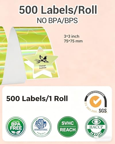 Image of Bluetooth Shipping Label Printer with 1 Roll Labels & 500 Sheets 3 Inch Golden Star Holographic Thermal Labels, Compatible with USPS, Tiktok, Amazon