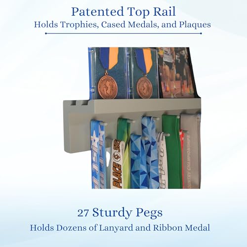 Image of MedalAwardsRack 3ft- Ultimate Medal Hanger Display and Trophy Shelf - Multi-Sport Trophy and Medal Holder for Medal Display, Plaques, Pictures, Trophies and more. Solid Wood - Large 36 inch - Grey