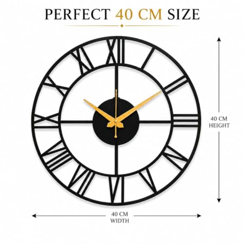 Image of 40 cm Metal Wall Clock | Silent Non-Ticking Skeleton Wall Clock | Modern Black Iron Analog Clock for Living Room, Bedroom, Hall, Office & Home Decor (Design-6)