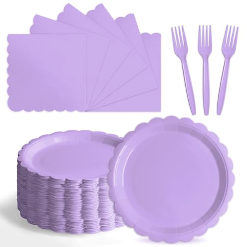 Tyzarglef 105PCS Paper Plates and Napkins Set 7 Inch Scalloped Disposable Tableware with Forks for Birthdays Garden Parties & Outdoor Events Serves 35 (Light Purple)