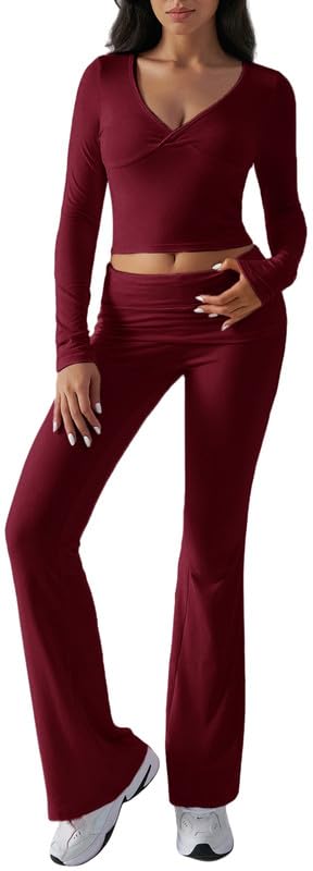 Ensemble Femme 2 Pièces Slim Fit - Haut Court Manches Longues Col V + Pantalon évasé - Tissu Extensible (93% Polyester, 7% élasthanne)