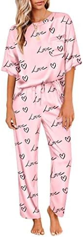 Ekouaer Lounge Sets for Women Two Piece Outfits Silk Satin Pajamas Set Cute Pink Pajama Short Sleeve Sleepwear Silky Loungewear Soft Pjs Set Pink Love M
