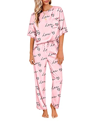 Image of Ekouaer Womens Satin Silky Pajama Set Short Sleeve Shirt with Long Pajama Pant Set Soft PJ Loungewear