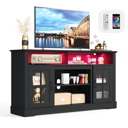 LINSY HOME TV Stand for 65 Inch TV, 32\" Tall Entertainment Center with LED Lights and Glass Door Storage Cabinet, Modern Farmhouse TV Media Console Table for Living Room, Black - Thumbnail 7