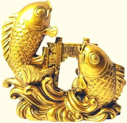 Jakha Vastu / Feng Shui Double Fish Statue Jumping Over Dragon Gate for Good Luck and Prosperity Decorative Decorative Showpiece - 7 cm (Polyresin, Gold)