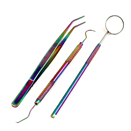 DDP Dentist Tools Hygiene Kit - Includes Tarter Scraper Remover 3pc Dental Pick, Dental Tweezer, and Mouth Mirror - Titanium Rainbow Color - Dentist Prepared Tools Kit