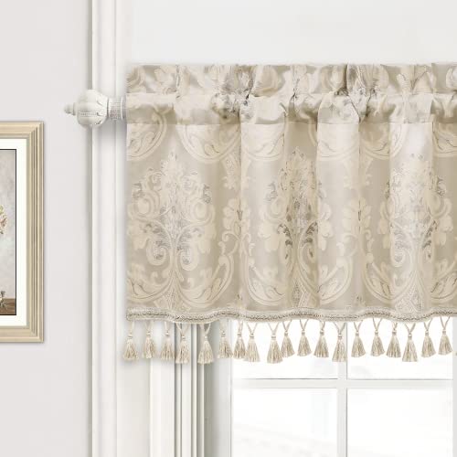 TOPLUXE Curtain Valance for Windows 137x46cm, Damask Valance with Tassels, Short Curtain for Bedroom Living Room Kitchen (Champagne)