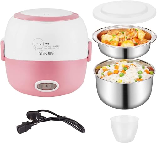 Thousanday Small Heated Lunch Box - 110V 200W Removable Stainless Steel Food Heating Food Warmer - with Bowl, Plate, Measuring Cup, 1.0L(Pink)