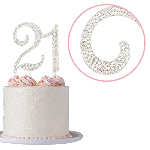 21 Cake Topper - Premium Silver Metal - 21St Birthday Party Sparkly Rhinestone Decoration Makes A Great Centerpiece - Now Protected In A Box #TOP7
