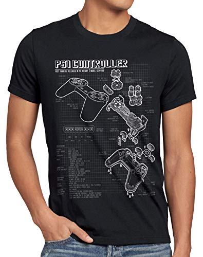 style3 PS1 Controller Cianografia T-Shirt da Uomo Gamepad Console Videogiochi, Dimensione:4XL, Colore:Nero