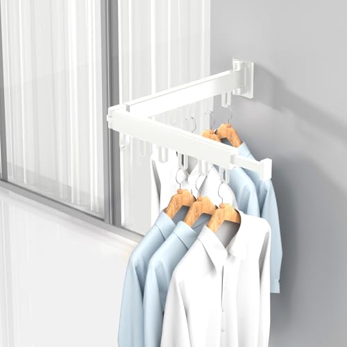 HONPHIER Drying Rack Laundry Collapsible Wall Mounted Clothes Drying Rack with Hooks Strong Clothes Airer Indoor Outdoor Saving Space Drying Racks for Balcony, Bathroom, Bedroom (White, 2-Fold)
