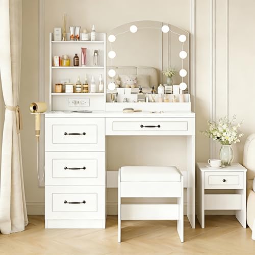 Image of Vabches Vanity Desk with Mirror and Lights,3 Lighting Colors Makeup Dresser