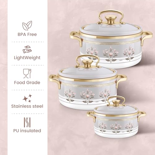 Image of Nayasa Rachel Casserole- Small Set of 3, 500, 1000, 1500 ML | BPA Free | Food Grade | Easy to Carry | Easy to Store | Hot Pot for Kitchen | Roti Box | Grey