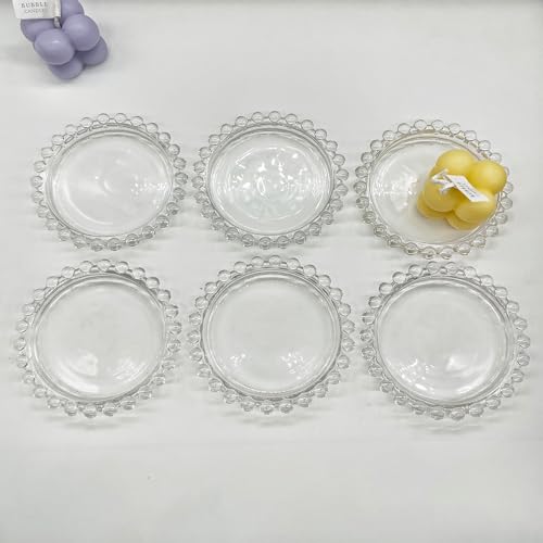 CKLOPONWAY 6PCS Clear Glass Candle Plates Candle Pillar Candle Holders, Glass Holder Round Plate Candle Tray Candle Plate for Pillar Candle, Modern Candle Centerpiece glass candle plates (Round Beads)
