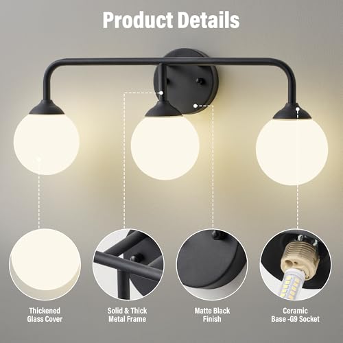 Image of Bathroom Light Fixtures - 3 Light Brushed Brass Vanity Light Over Mirror for Bathroom Mirror Living Room Bedroom, Black Bathroom Wall Sconce with Frosted Glass Shade, 3 G9 Bulbs Included