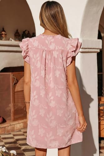 Image of Dokotoo Womens Summer Dresses 2026 Ruffle Short Sleeve Casual V Neck Smocked Floral Burnout Mini Dress Sundress