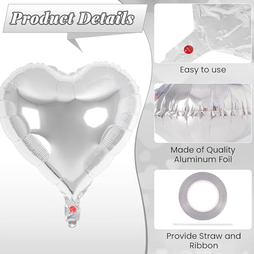 Image of 6 Pcs 32 Inch Silver Heart Balloons, Giant Heart Shape Foil Balloons Love Balloon Valentine Balloon for Birthday Party Wedding Engagement Party Baby Shower Valentine Day Decorations
