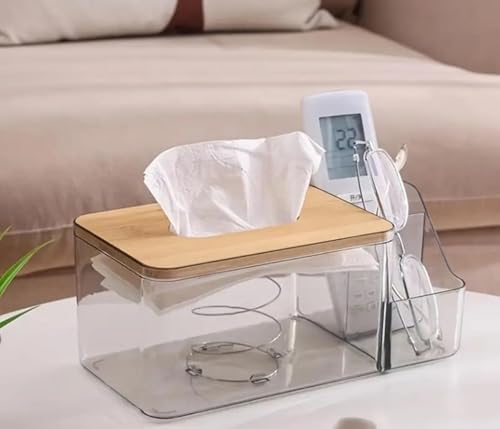 Image of 2-in-1 Tissue Box Holder with Side Storage | Transparent Plastic Tissue Organizer with Bamboo Lid | Multipurpose Desk & Bedside Storage for Remote, Mobile, Mask (Clear - 23.9 x 11.7 x 9.8 cm)