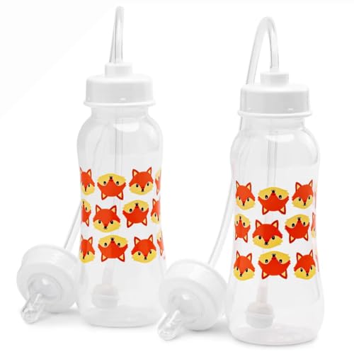 Image of Hands-Free Baby Bottle - Anti-Colic Nursing System 9 oz Baby Bottle with Fast Flow Nipple/Teat 3m+ with Tube Straw Feeding System for Toddler (2 Bottles - Fox)