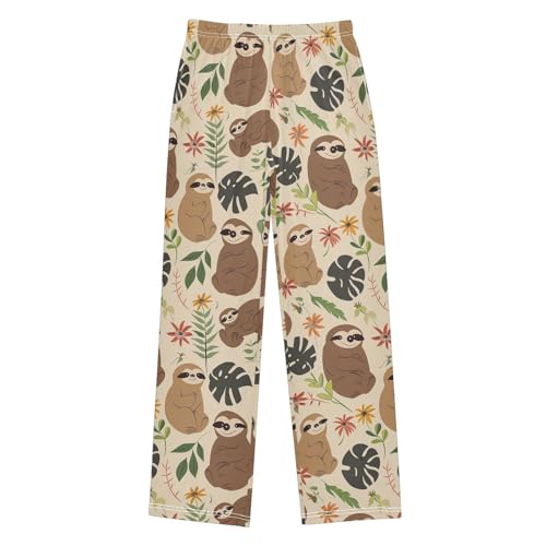 ZZXXB Cartoon Sloth Flowers Boys Long Pants Soft Trousers Elastic Waist Kids Lounge Bottoms with Pockets S-XL