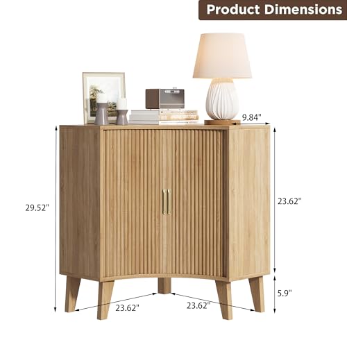 Image of Fluted Corner Cabinet, Small Corner Floor Cabinet with 2-Sliding Doors and Adjustable Shelves, Freestanding Narrow Organizer for Small Space,Living Room, Dining RoomBathroom.Natural