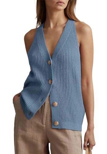 Image of Womens Button-Front Sweater Vest Top V Neck Sleeveless Knit Tank Fitted Halter Raceback Cardigan Vest