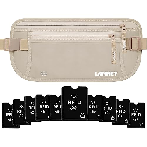 Travel Money Belt for Men Women Waist Wallet Stash Bag RFID Blocking Secure Passport Holder Hidden Under Clothes Waist Pack with 10 RFID Blocking Sleeves Set (Cream)