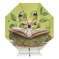 SLHKPNS UV Sun Umbrella Cute Frog Reading Book Folding Compact Automatic Open Close Large Inverted Travel Umbrella for Rain Windproof Portable UV Protection Reverse for Women Men