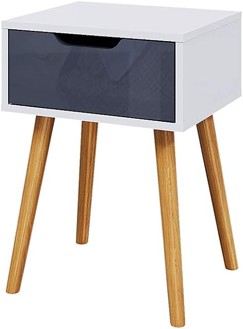 Panana Bedside Table, High Gloss Drawer Front Wooden Storage Cabinet with Drawer Nightstands Lamp Table Side Table with Wood Legs Home Living Room Bedroom White and Grey