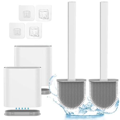 Vivva 2 Pack Toilet Brush with Holder Set, One Piece Design Handle, Leakproof Base, Silicone Bathroom Toilet Bowl Brush Set, No Scratch Soft Toilet Cleaner Brush (White)