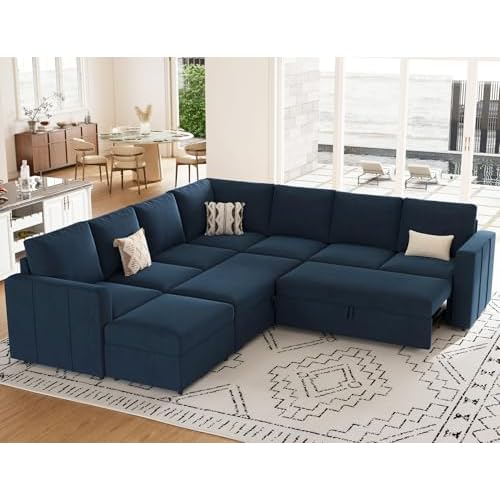 Belffin Modular Sectional Sofa with Sleeper Sofa Couch Pullout Bed, Oversized U Shaped Sleeper Sectional Couch with Storage Seat for Living Room, Blue