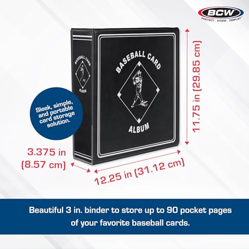 BCW Supplies 3" Baseball Album - Black | Premium Durable Binder for 90 Baseball Cards Heavy-Duty D-Ring, Lasting Durability, and Classic Display | Ideal for Collectors, Storage, and Card Protection