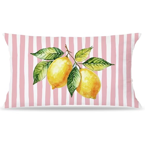 Image of Pink and Yellow Summer Italian Mediterranean Amalfi Coast Lemon Pillow Cover Decor 12x20,Italian Striped Decorative Throw Pillow Cover Decor for Couch Double-Sided