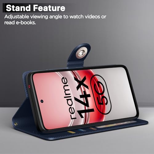 Image of Pikkme Flip Cover Leather Finish | Inside TPU with Card Pockets | Wallet Stand and Shock Proof | Complete Protection Button Flip Case for Realme Narzo 80x 5G / Realme P3x 5G / Realme 14X 5G (Blue)