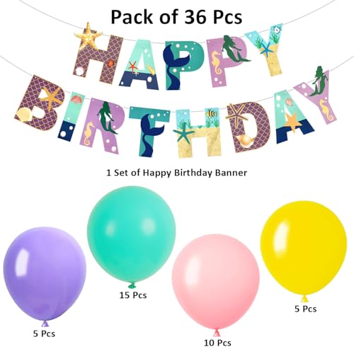 Image of Rozi Decoration Mermaid Theme Balloons Birthday Decorations Items Set of 36 Pcs Birthday Decoration Items for Girl | Mermaid Bday Decorative Items